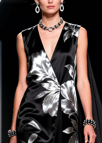 Black Jacquard Patchwork Shawl Silk Party Dress Summer