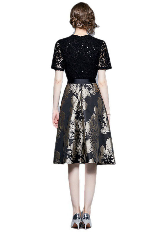 Black Lace Jacquard Patchwork Tie Waist Silk Mid Dress Summer