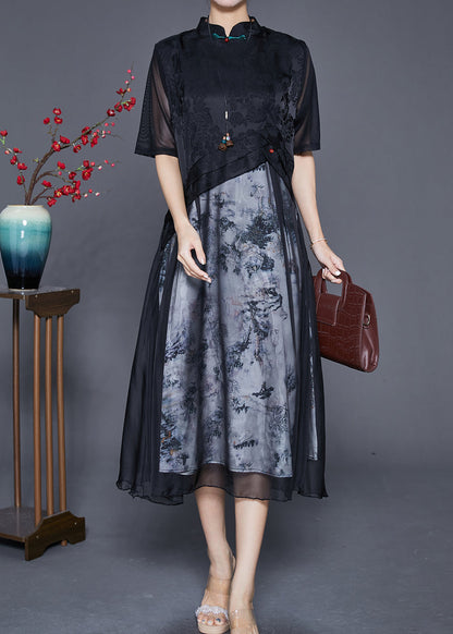 Black Mandarin Collar Patchwork Print Chiffon Dresses Summer