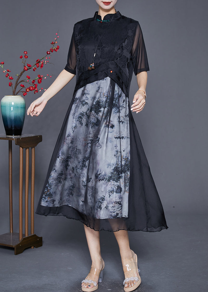 Black Mandarin Collar Patchwork Print Chiffon Dresses Summer