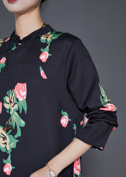 Black Mandarin Collar Print a Line Dress Fall