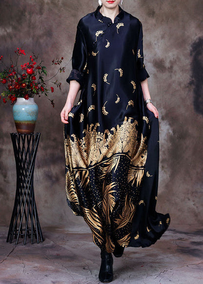 Black Mandarin Collar Print Silk Long Dress Gown Long Sleeve