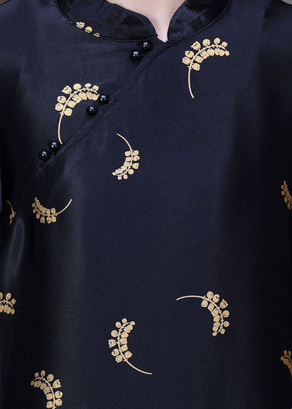 Black Mandarin Collar Print Silk Long Dress Gown Long Sleeve