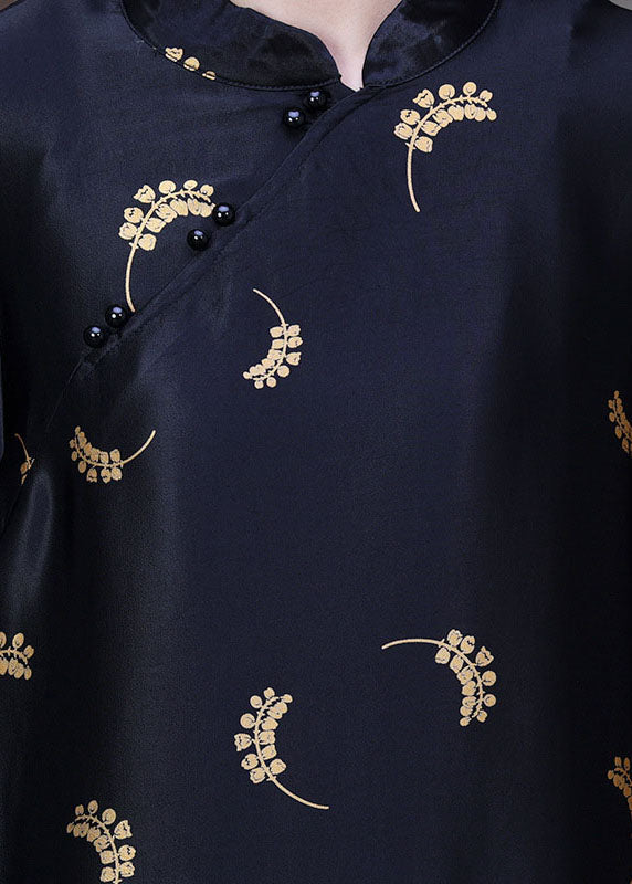 Black Mandarin Collar Print Silk Long Dress Gown Long Sleeve