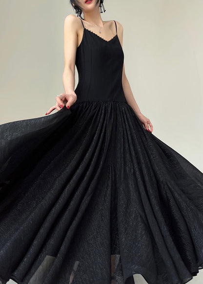 Black Nail Bead Patchwork Chiffon Spaghetti Strap Dress Sleeveless