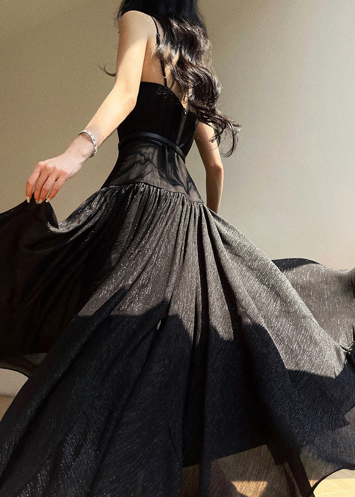 Black Nail Bead Patchwork Chiffon Spaghetti Strap Dress Sleeveless