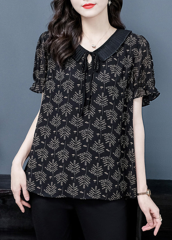 Black Neck Tie Print Chiffon Top Short Sleeve