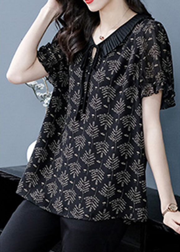 Black Neck Tie Print Chiffon Top Short Sleeve