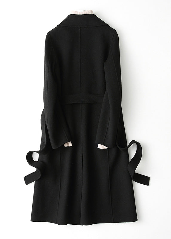 Black Notched Tie Waist Woolen Long Coats Fall