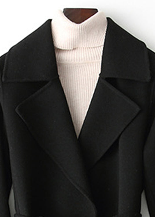 Black Notched Tie Waist Woolen Long Coats Fall