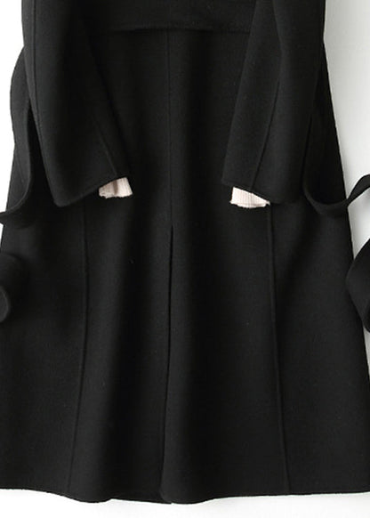 Black Notched Tie Waist Woolen Long Coats Fall