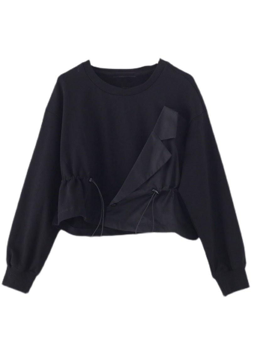 Elegant Black O-Neck Asymmetrical Design Cinched Sweatshirt Streetwear