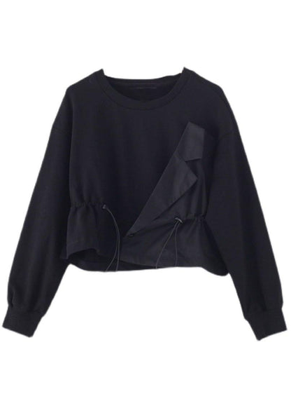 Elegant Black O-Neck Asymmetrical Design Cinched Sweatshirt Streetwear