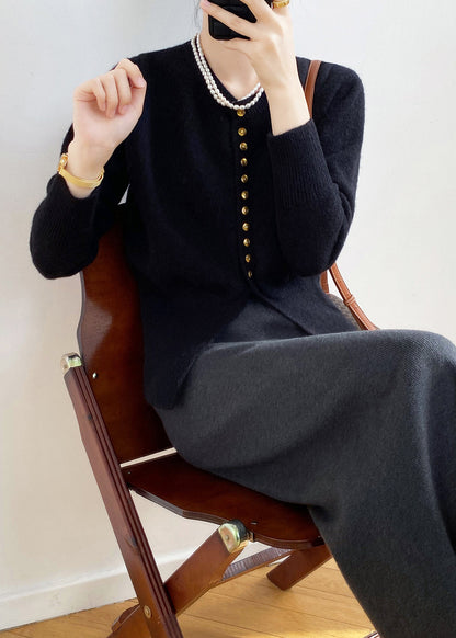 Black O Neck Button Fitted Knit Cardigan Spring