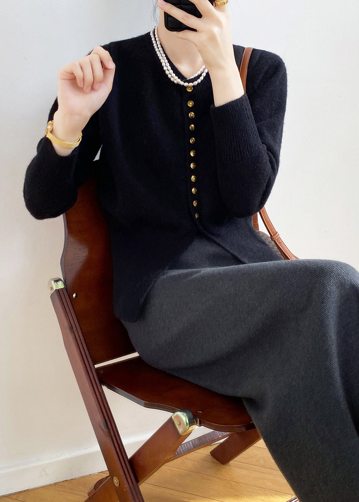 Black O Neck Button Fitted Knit Cardigan Spring