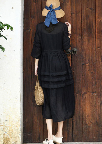 Black O-neck Drawstring Cotton Long Dress Two Pieces Set Summer