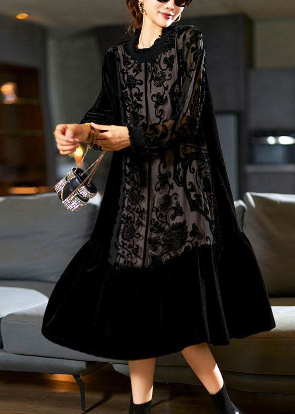 Black O-neck Embroidered Patchwork Silk Velour Maxi Dress Long Sleeve