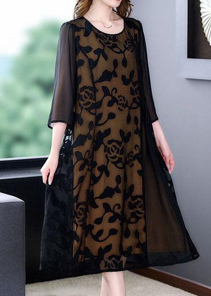 Black O-neck Embroideried Patchwork Tulle Dresses Summer