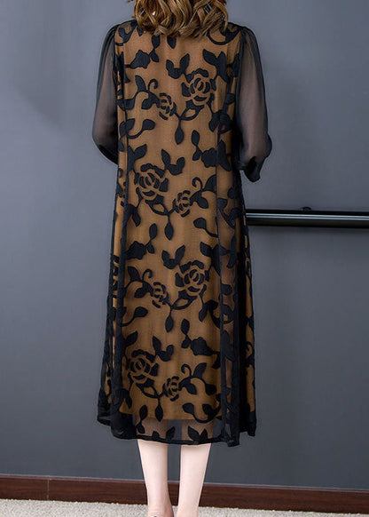 Black O-neck Embroideried Patchwork Tulle Dresses Summer