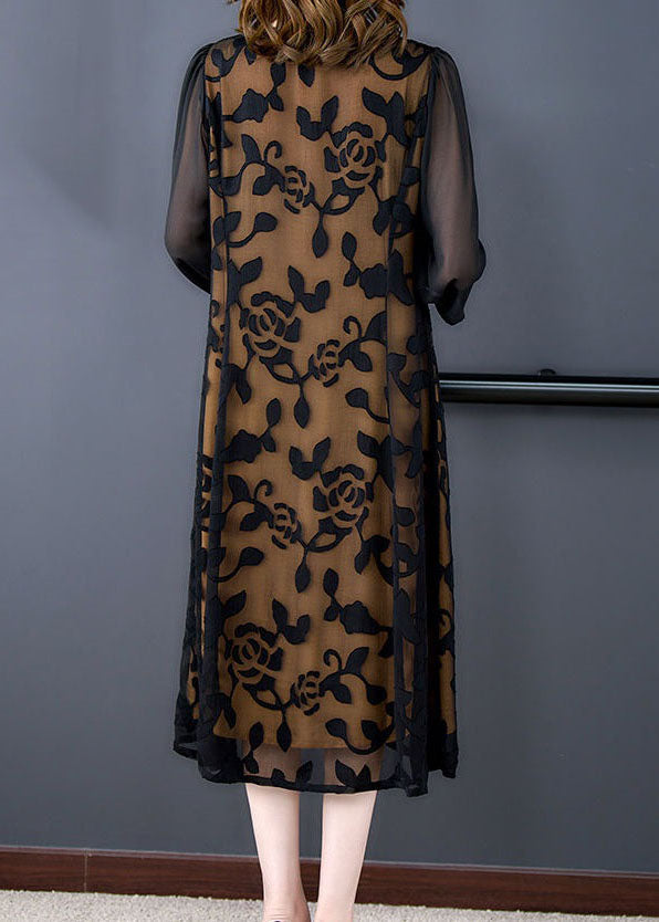 Black O-neck Embroideried Patchwork Tulle Dresses Summer