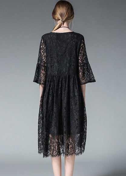 Black O-neck Hollow Out Lace Party Dress Flare Sleeve