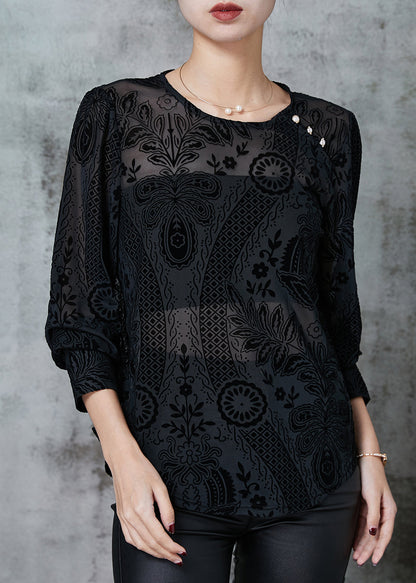 Elegant Black O-Neck Jacquard Lace Tops Spring