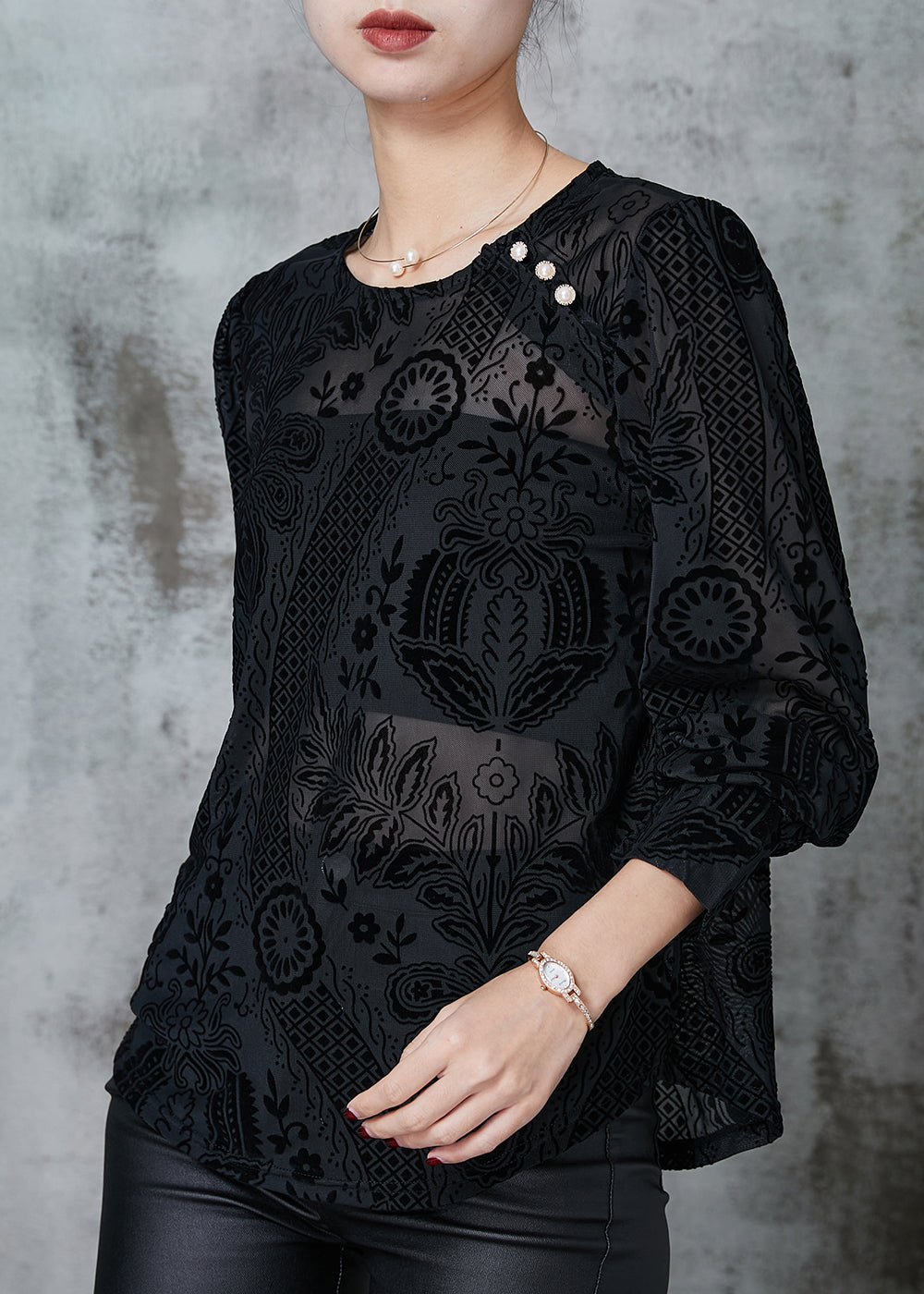 Elegant Black O-Neck Jacquard Lace Tops Spring