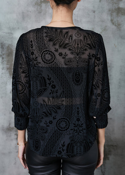 Elegant Black O-Neck Jacquard Lace Tops Spring
