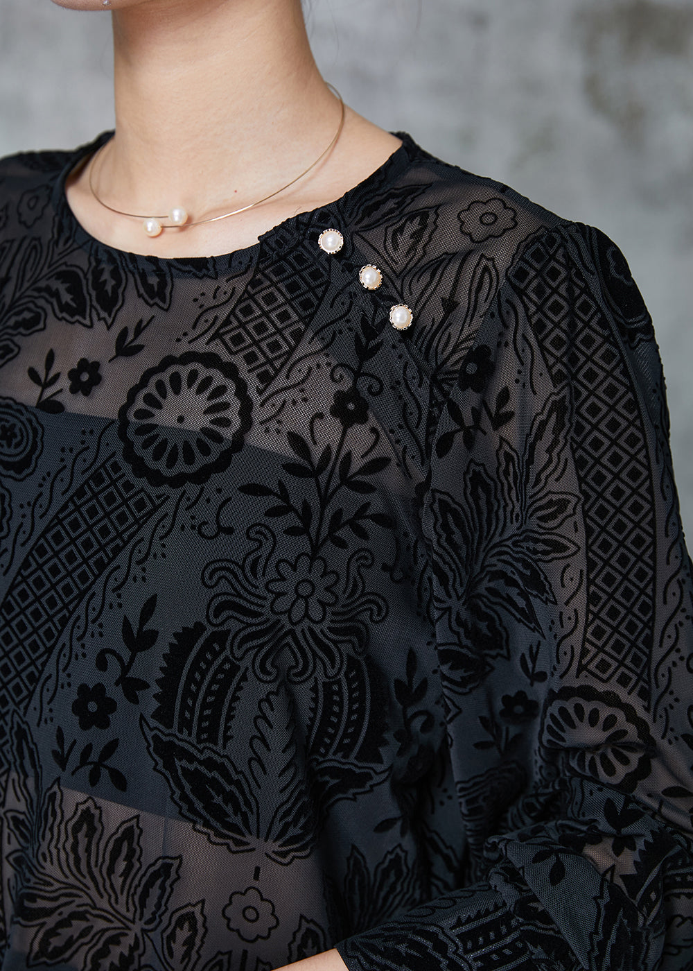 Elegant Black O-Neck Jacquard Lace Tops Spring