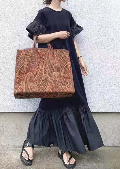 Black O-neck Patchwork Ruffles Cotton Maxi Dresses Puff Sleeve