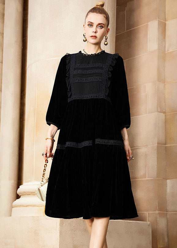 Black O-neck Patchwork Silk Velour Holiday Maxi Dress Fall