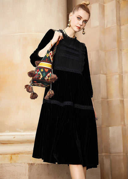 Black O-neck Patchwork Silk Velour Holiday Maxi Dress Fall