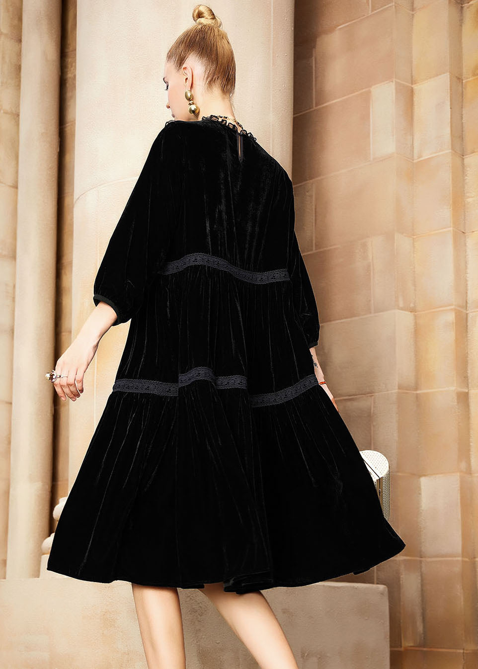 Black O-neck Patchwork Silk Velour Holiday Maxi Dress Fall