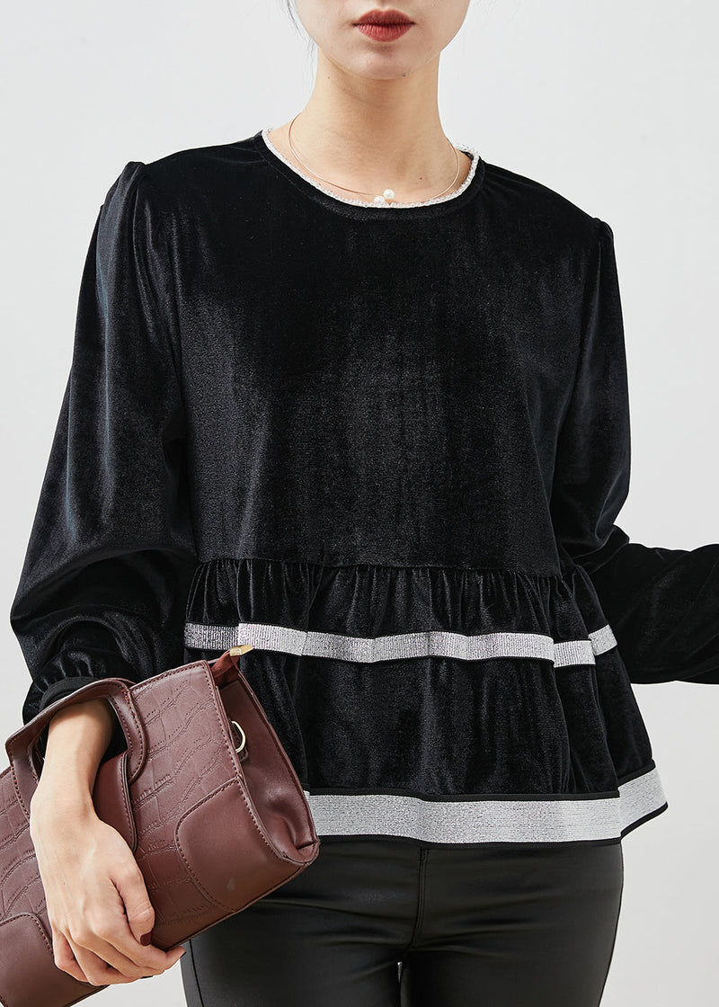 Black O-neck Patchwork Silk Velvet Sweatshirt Top Spring