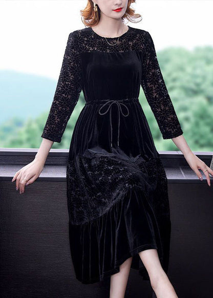 Black O-neck Patchwork Tie Waist Silk Velour Dress Bracelet Sleeve