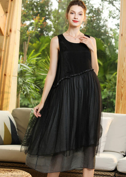 Black O-neck Patchwork Tulle Long Dresses Sleeveless