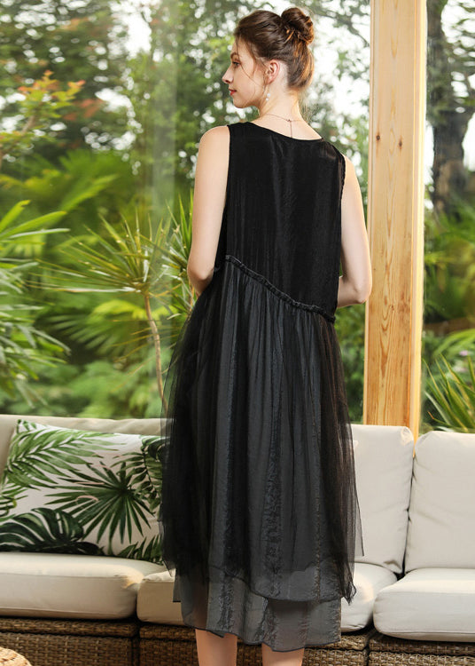 Black O-neck Patchwork Tulle Long Dresses Sleeveless
