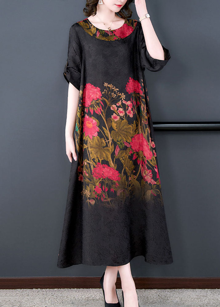 Black O Neck Print Patchwork Silk Long Dress Summer