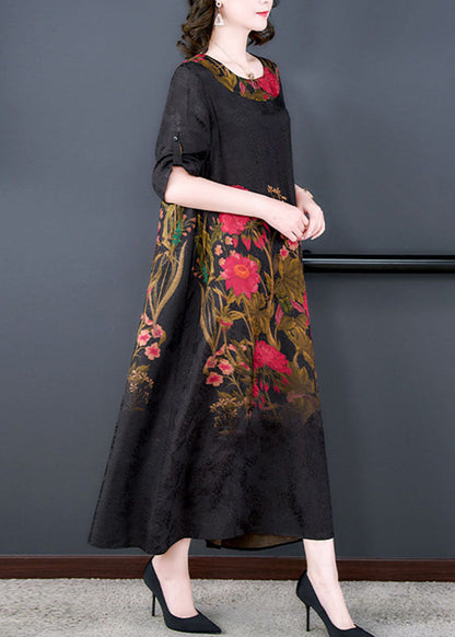 Black O Neck Print Patchwork Silk Long Dress Summer