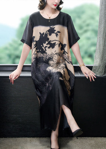Black O Neck Print Patchwork Silk Long Dresses Summer