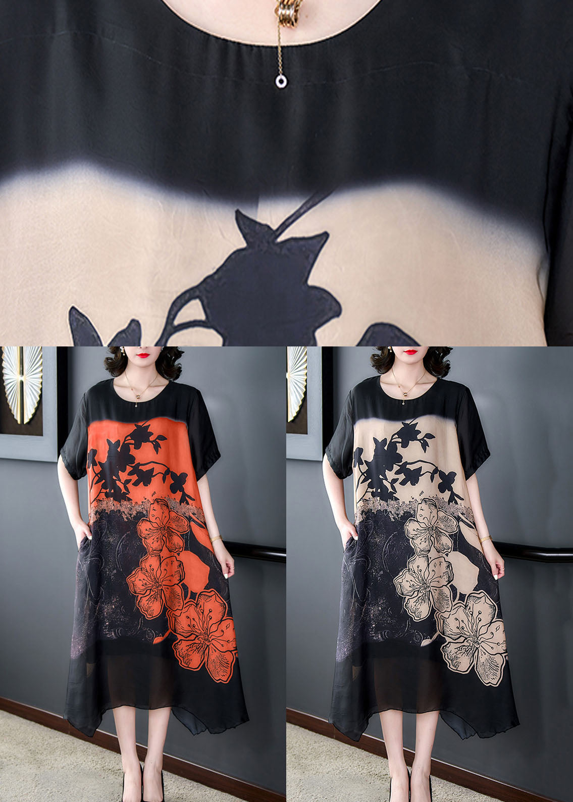 Black O Neck Print Patchwork Silk Long Dresses Summer