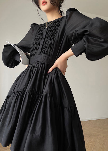 Black O-neck Print Silk Mid Dress Long Sleeve