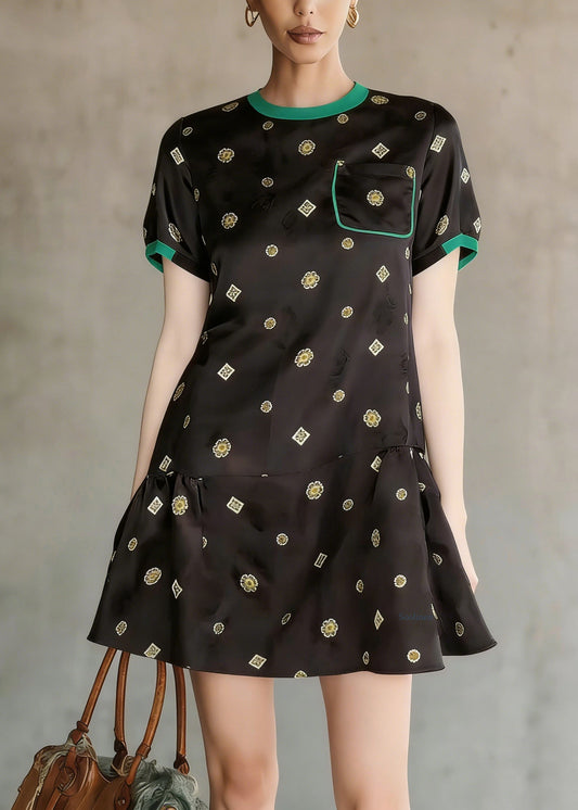 Black O Neck Print Wrinkled Silk Mid Dress Summer