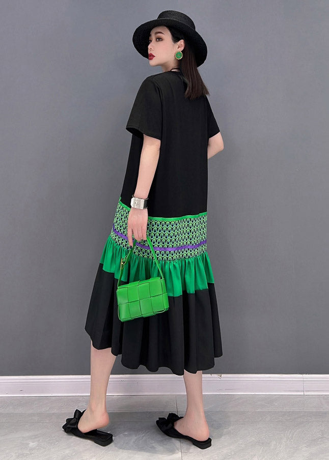 Black O-neck T Shirt Patchwork Fishtail Dress Short Sleeve
