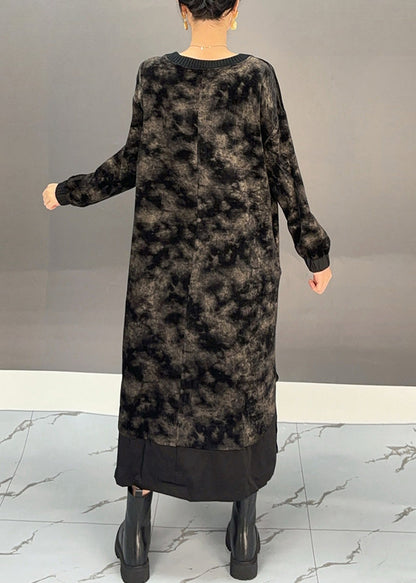 Black O-neck Tie Dye Side Open Silk Velvet Maxi Dress Winter