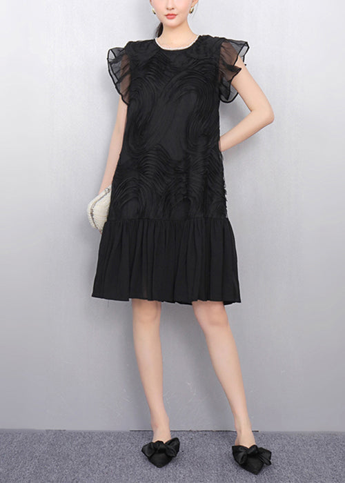 Black O Neck Wrinkled Tulle Patchwork Dress Summer