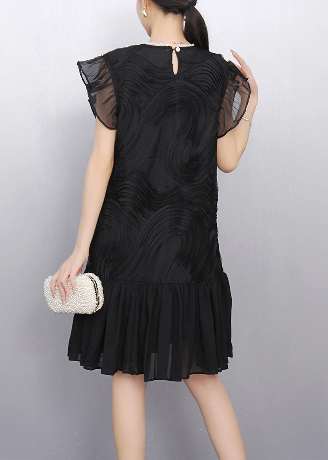 Black O Neck Wrinkled Tulle Patchwork Dress Summer