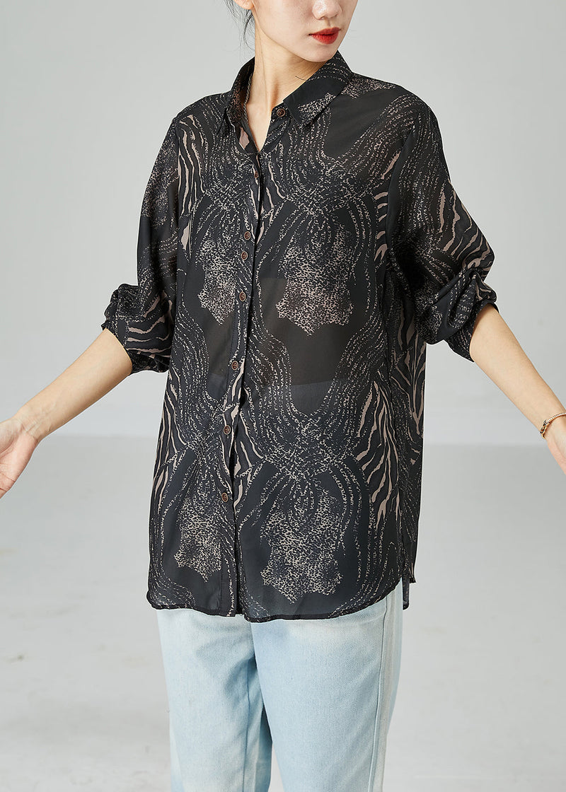 Black Oversized Print Chiffon Blouse Tops Summer