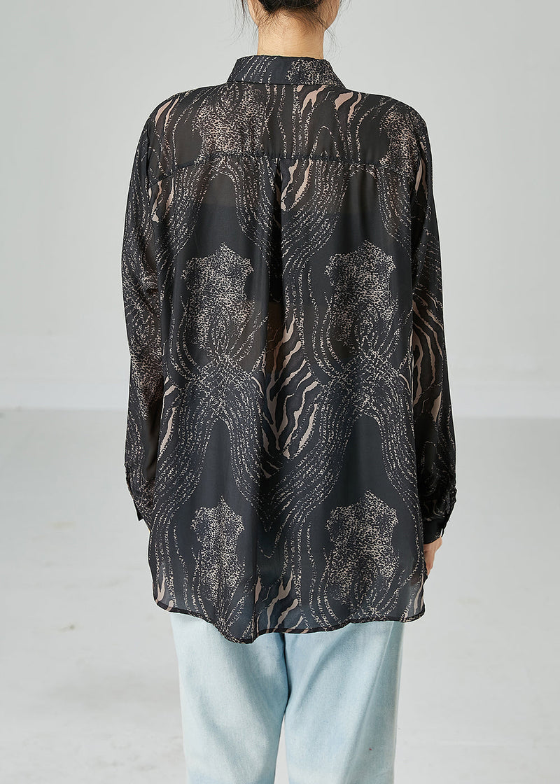 Black Oversized Print Chiffon Blouse Tops Summer