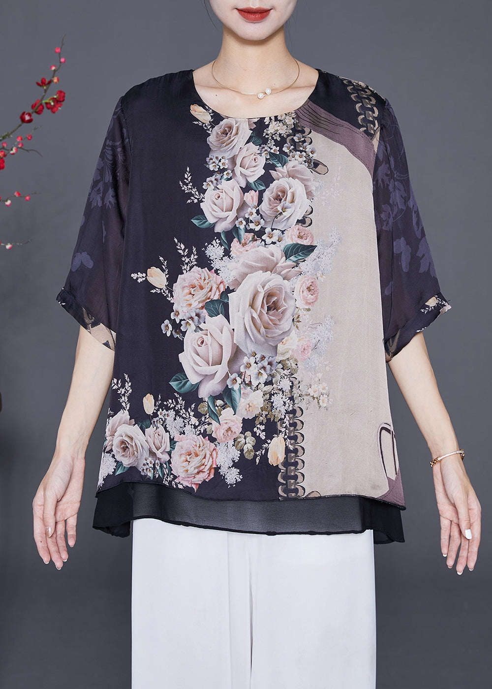 Black Oversized Print Chiffon Fake Two Piece Blouse Tops Summer